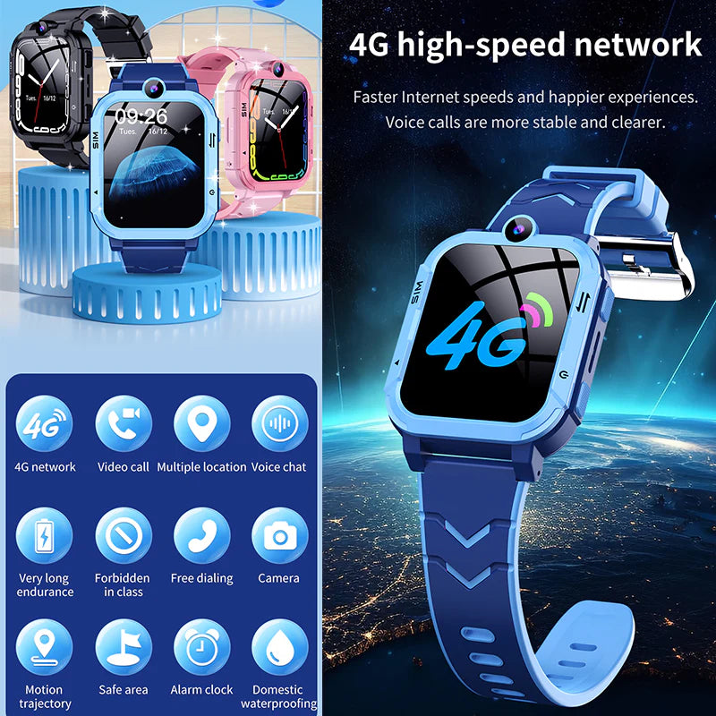4G Android Kids Smartwatch with SIM Card, GPS + Wifi + LBS Tracker, Waterproof IP67, SOS Emergency Button, HD Video Call, Voice Chat, SMS, School Mode, Remote Monitoring, Camera, Music Player, Multiple Languages, Parental Control, Children'S Smartwatch