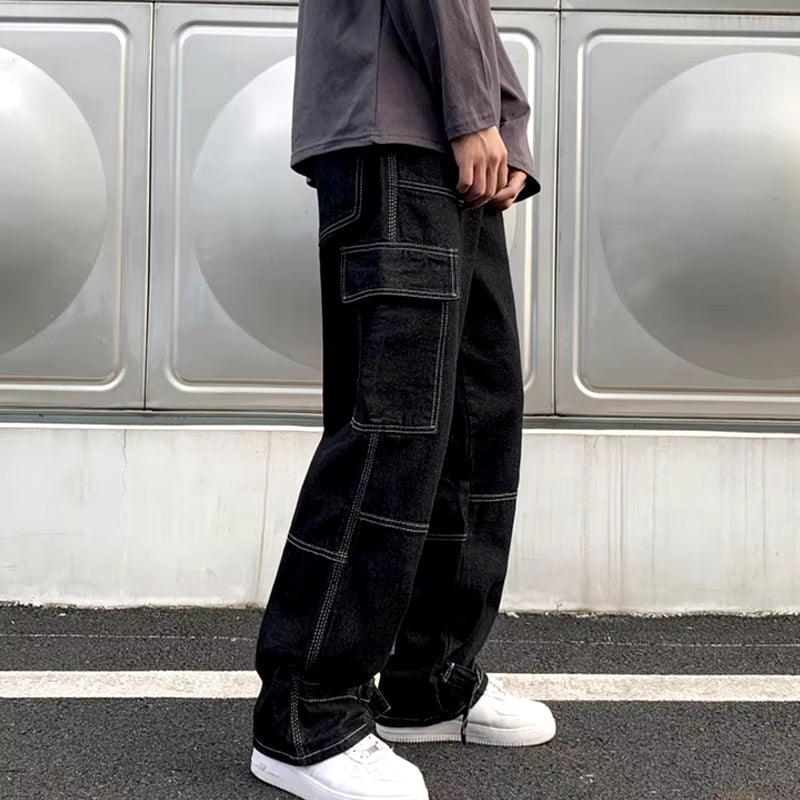Cargo Jeans Men Wide Leg Jeans Hip Hop Casual Men'S Straight Baggy Denim Pants Streetwear Skateboard Pant Neutral Trousers